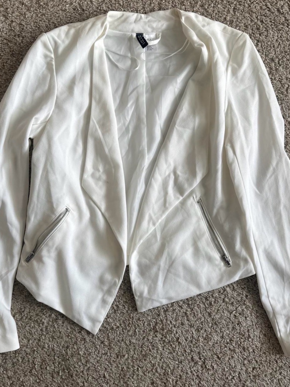 Divided White Open-Front Blazer with Zip Pockets